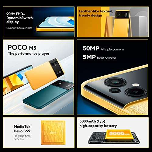 POCO M5 - 4+128GB, 6.58” 90Hz FHD+ MediaTek Helio G99, 5000mAh, NFC, Amarillo (Versión ES + 3 años de garantía)
