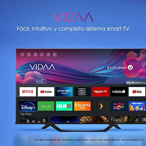 Hisense 50A63H 50", 4K UHD Smart TV, Dolby Vision HDR, DTS Virtual X, Disney+, Netflix, Freeview Play y Alexa, Bluetooth, Wifi