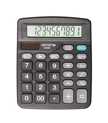 Genie 220 MD Calculadora de escritorio de 10 dígitos, doble potencia (solar y batería) 1 pieza, diseño compacto, negro
