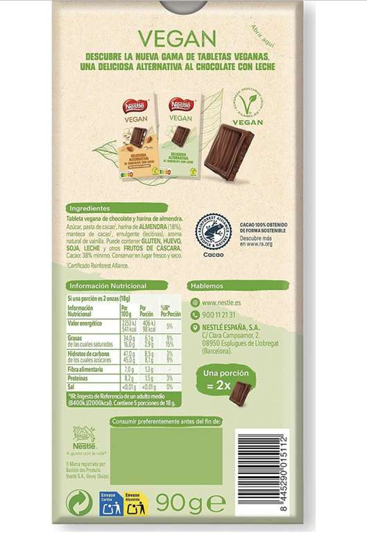Nestlé Vegan Leche Alternativa Al Chocolate Con Leche Elaborada 18 x 90 g