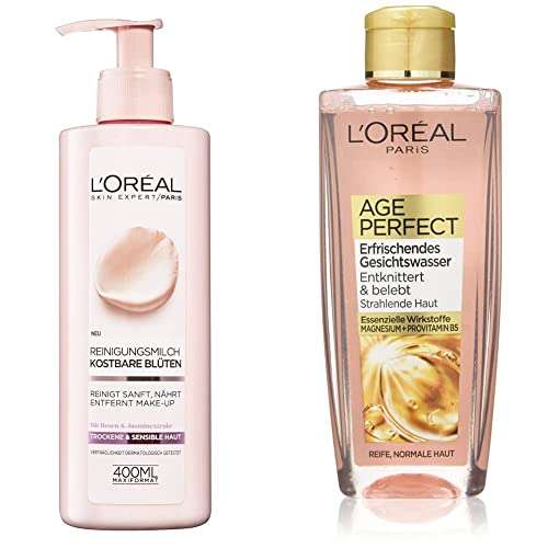 Leche limpiadora L'Oréal Paris de flores, (400 ml) & L'Oréal Paris Age Perfect - Agua facial refrescante (200 ml)