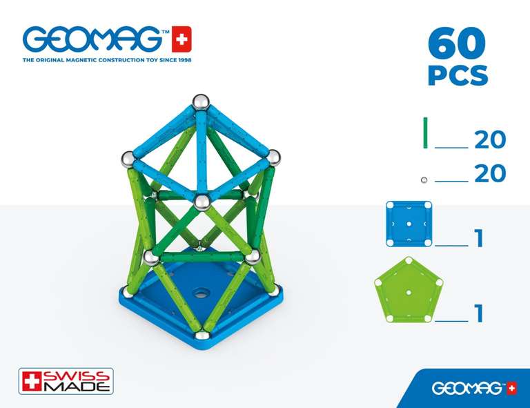 GEOMAG - CLASSIC 60 Piezas - 100% Plástico Reciclado - Construcciones Magnéticas Bloques de Construcción con 28 Varillas, 28 Bolas, 4 Bases