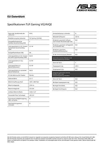 ASUS TUF Gaming VG24VQE - Monitor Gaming de 23,6" Full HD (1920 x 1080, 165 Hz, Extreme Low Motion Blur, FreeSync Premium, 1ms MPRT