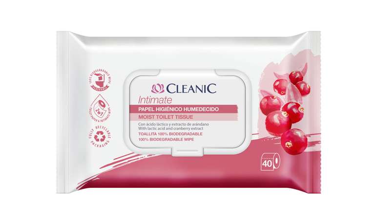 Papel higiénico húmedo íntimo Cleanic Intimate 40 ud (Desechable por WC, Extracto de arándano, Prebióticos)