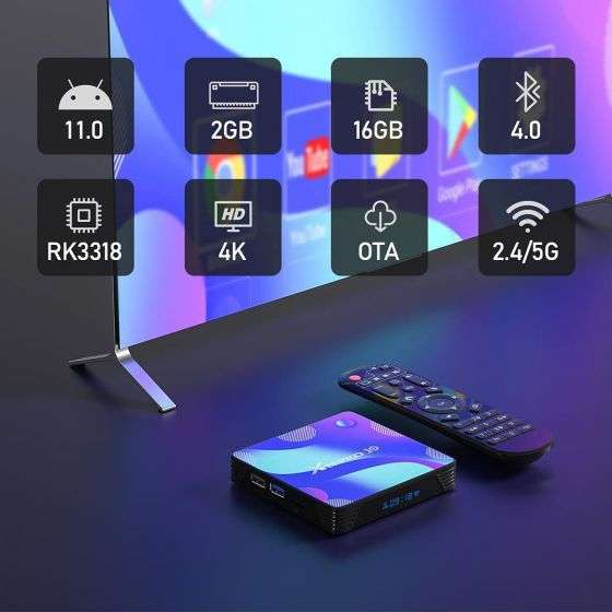 TV Box Android 11.0, X10 Smart Box 2GB RAM 16GB ROM RK3318 Quad-Core 64bit Cortex-A53 CPU 2.4GHz+5GHz WiFi 4K UHD Bluetooth 4.0 USB 3.0