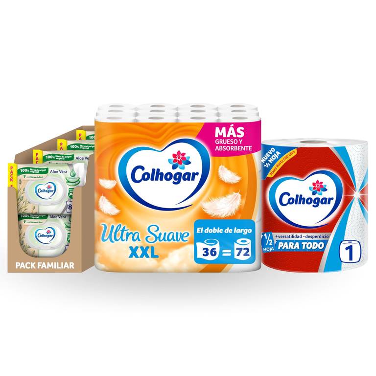 Lote Colhogar Hogar Completo: Papel Cocina Paratodo Jumbo 1 rollo + Papel Higiénico Ultra Suave XXL 36 rollos + Toallitas Húmedas Aloe 8×80
