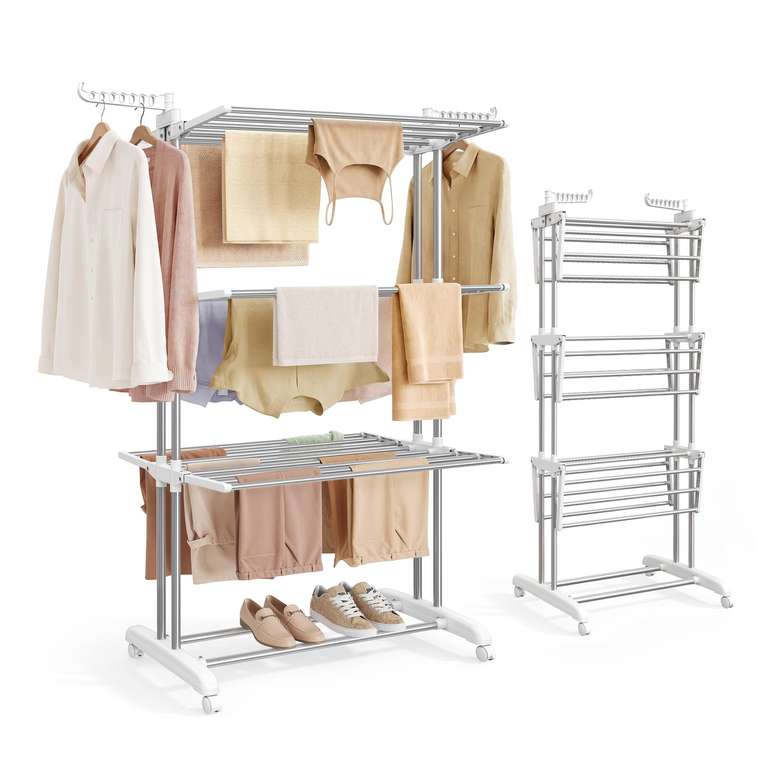 SONGMICS Tendedero Plegable de 4 Niveles, con Ruedas, Alas Plegables, 126,6 x 64,2 x 169,2 cm