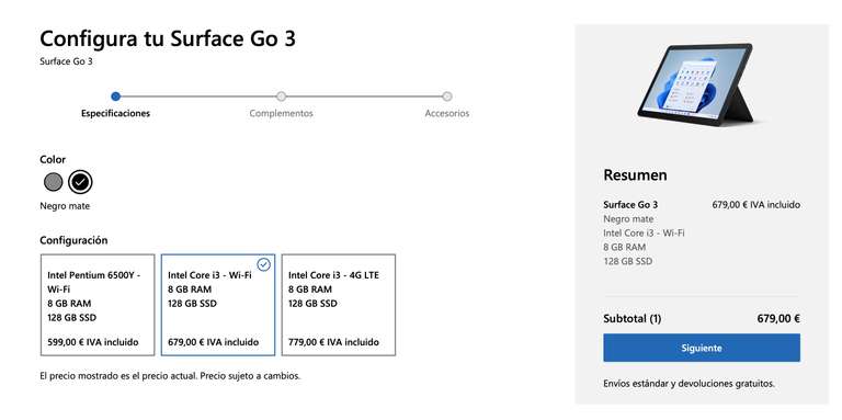 Microsoft Surface Go 3 128 GB (i3/8 GB) Negro - Windows 11 Pro