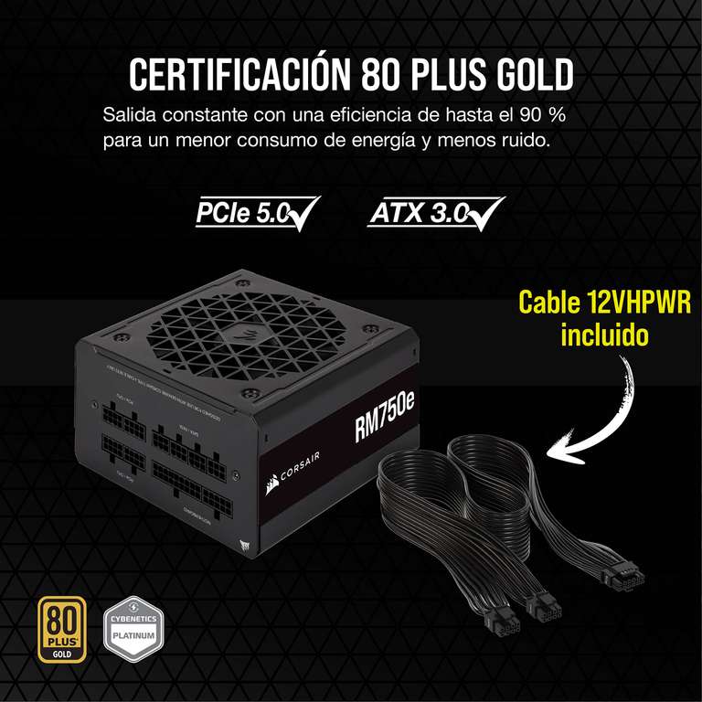 Corsair RM750e (2023) 80 Plus Gold - Fuente de Alimentación ATX Totalmente Modular, Compatible con ATX 3.0 y PCIe 5.0, Negro
