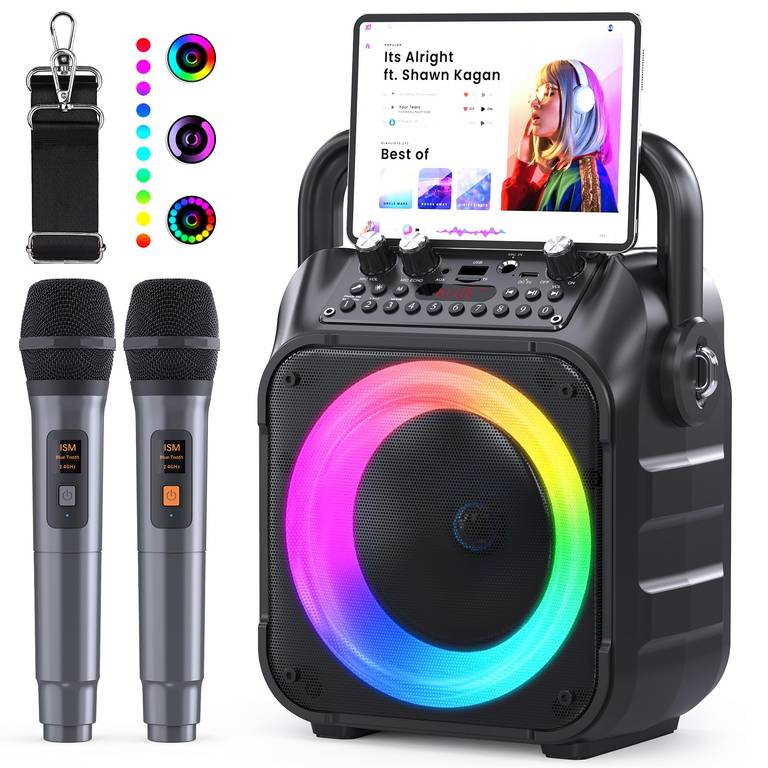 Karaoke portatil + 2 micrófonos inalámbricos y luces led