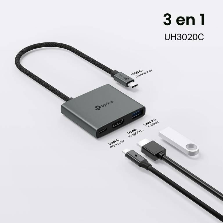 Concentrador de puertos TPLINK Hub USB-C 3 en 1 TP-Link UH3020C (HDMI 4K@60Hz, PD 100W)