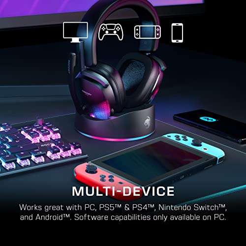 Roccat Syn Max Air - Auriculares de juego RGB inalámbricos con sonido 3D y base de carga