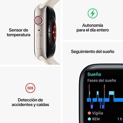 Apple Watch Series 8 (GPS + Cellular, 45mm) Caja Aluminio en Plata - Correa Deportiva Blanca - Monitor de entreno,