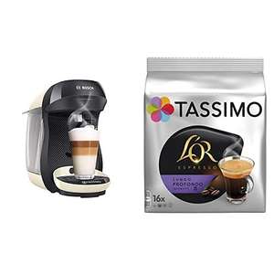 Bosch TAS1007 Tassimo Happy Cafetera de cápsulas, 1400 W, color vainilla y negro y TASSIMO L'Or Café Lungo Profondo 5 paquetes 16 cápsulas