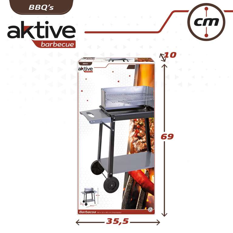 Barbacoa carbón y leña 90x32x85 cm con control de temperatura y dos mangos extraíbles, 4 alturas regulables, 2 ruedas y asa de transporte