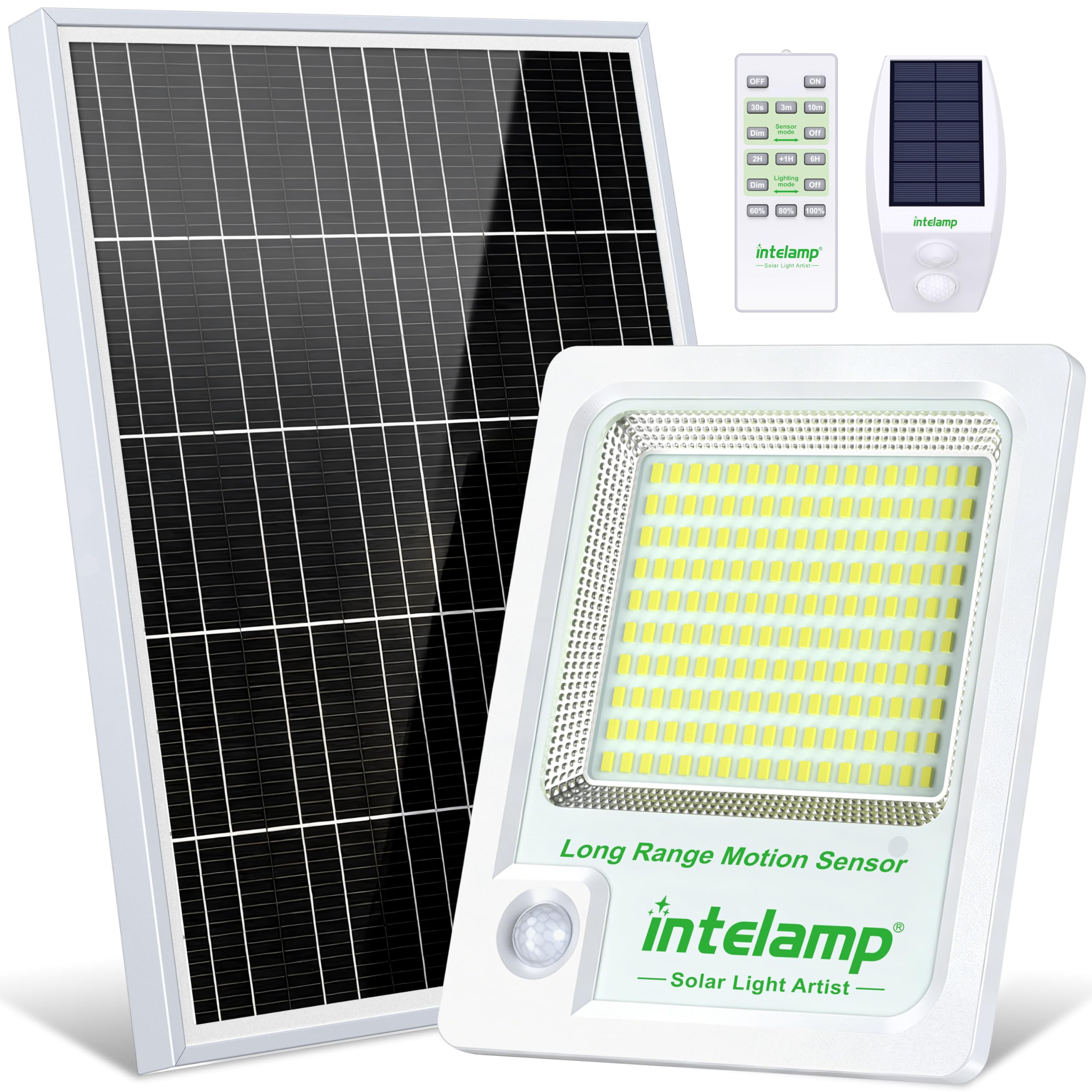 intelamp Foco LED Solar Exterior 2000LM, Batería 12000mAh, Color Blanco 6500K, Sensor de Movimiento con Caja Externa, 3 Modos