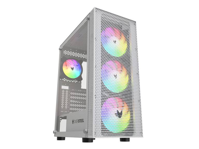 Caja PC Gaming Oversteel Azurite Blanco (4 ventiladores 120mm A-RGB, frontal Mesh, cristal templado, soporte GPU vertical, ATX/MATX/ITX)