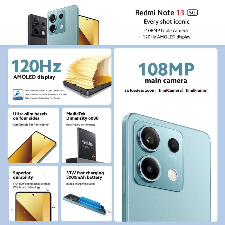 Smartphone Xiaomi Redmi Note 13 5G | 8+256 GB, AMOLED 6,67" FHD+, 120Hz, Dimensity 6080, Triple cámara 108MP, Carga 33W, Negro (Versión ES)