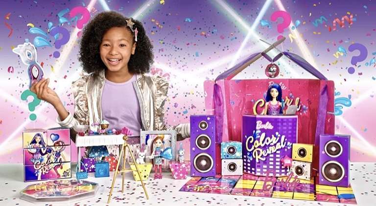 Barbie Color Reveal Set de fiesta para regalo, muñecas sorpresa de juguete con accesorios y juego de mesa