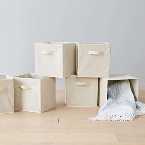 Cubos de almacenamiento de tela plegables con asas, 26,6 x 26,6 x 27,9 cm, color beis, paquete de 6 unidades