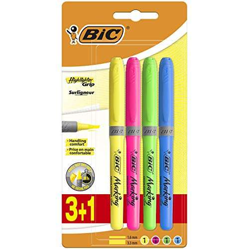 BIC Evolution HB Lápiz con mina irrompible, 12 unidades + Highlighter Grip Marcadores punta biselada colores Surtidos, Blíster de 3+1