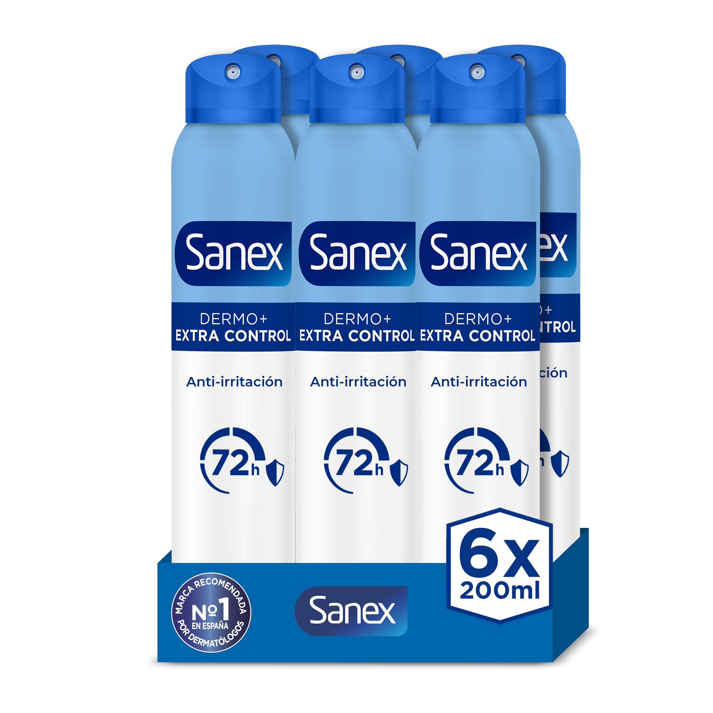 Sanex Dermo Extra Control Desodorante Spray, Pack 6 Uds x 200 ml, con Óxido de Zinc Antibacteriano, hasta 72H de Protección