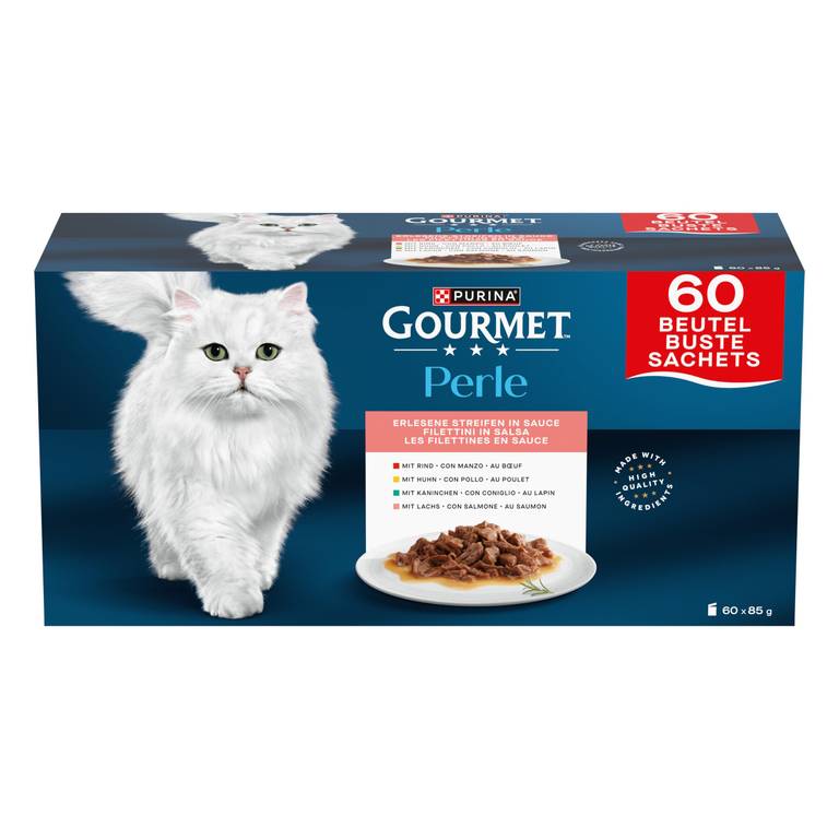 5»1kg Purina Gourmet Perle Delicias en Salsa, Comida Húmeda para Gato con Pollo y Buey, 60 sobres de 85g