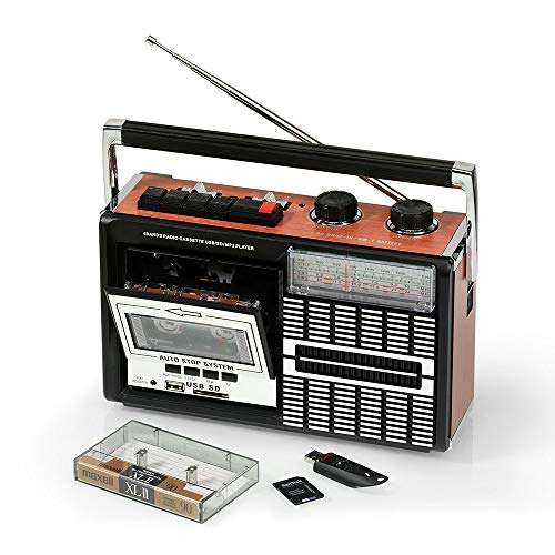 Ricatech PR85 - Reproductor y grabadora de casetes, Radio AM/FM/SW, USB, Ranura para tarjeta SD, Micrófono integrado, Parada automática