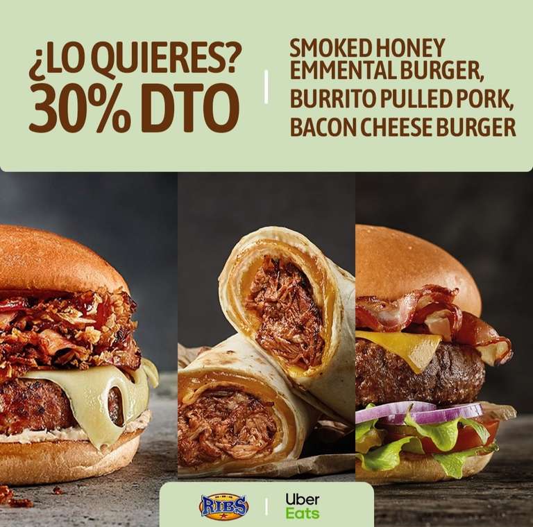 Smoked Honey Emmental Burger, Burrito Pulled Pork y Bacon Cheese Burger de Ribs al 30% de descuento pidiendo en Uber Eats