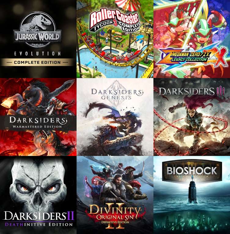 Darksiders (Genesis, II, III, Warmastered), Jurassic World, RollerCoaster Tycoon, BioShock, Mega Man Zero/ZX Collection, Divinity Original