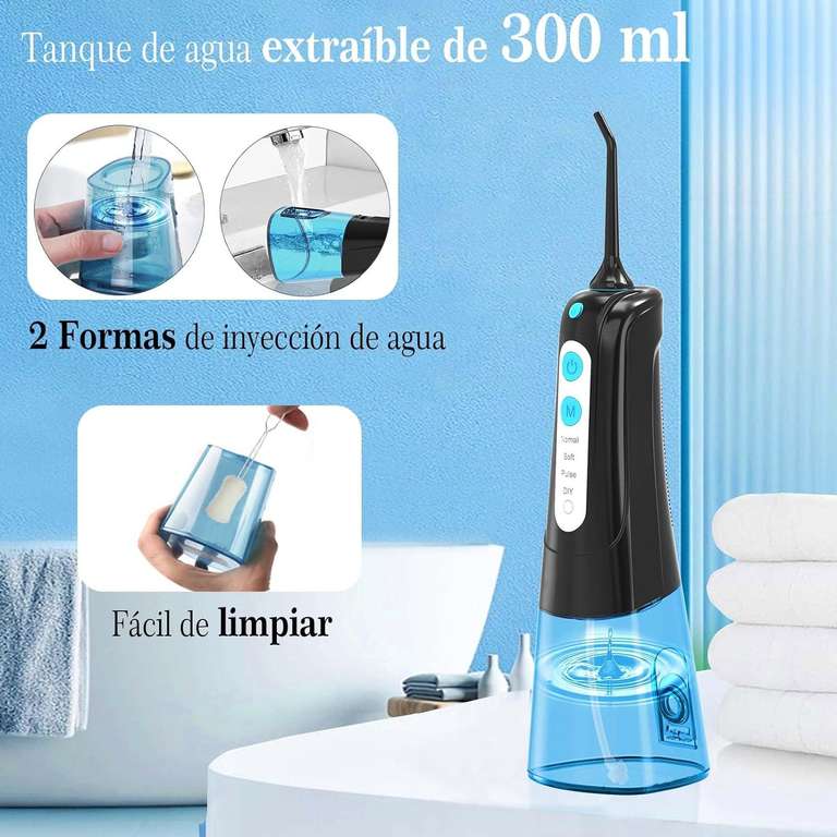 Irrigador Dental Portatil 300ML 5 Boquillas 4 Modos Limpieza Dental, USB Recargable