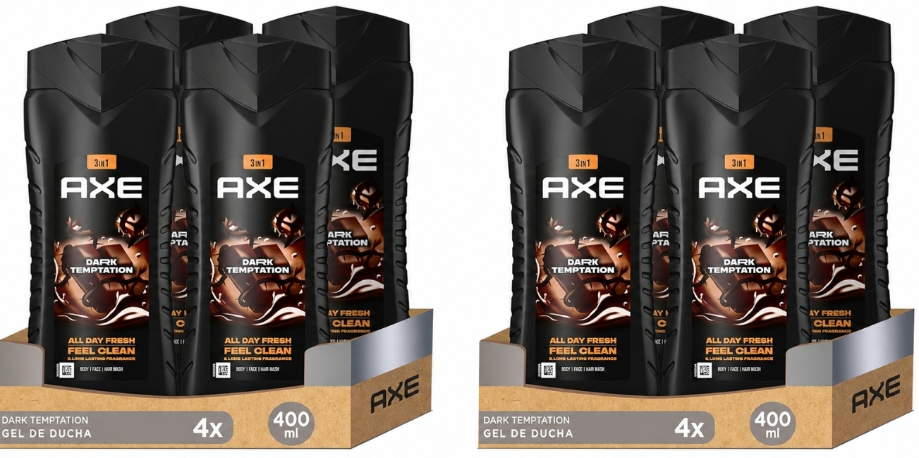 Pack de 8 Axe Gel de Ducha y Champú para Hombre Dark Temptation 3 en1 400ml (1,94€/unidad)