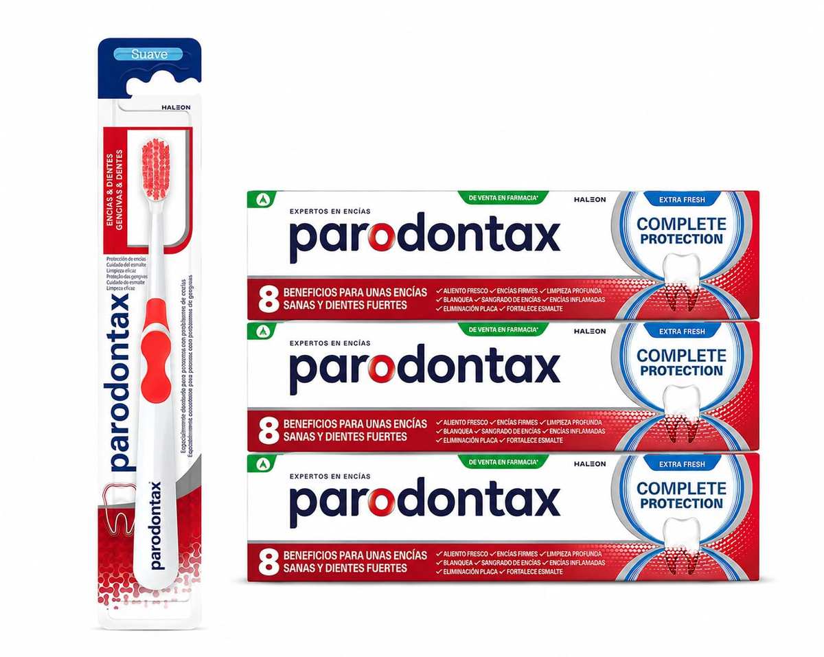Lote de Parodontax, 3 Pasta de Dientes con Flúor, Complete Protection, Extra Fresh 75 ml + 1 Cepillo de Dientes Suave