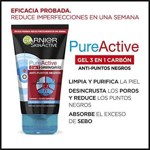 3 x Garnier Skin Active - Pure Active, Gel Limpiador de Poros y Exfoliante Facial con Carbón 3 en 1, 150 ml [Unidad 2'76€]