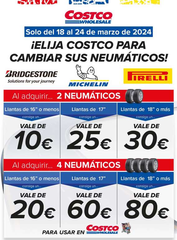Costco - Promo neumáticos multimarca - Hasta 80€ en vale de compra
