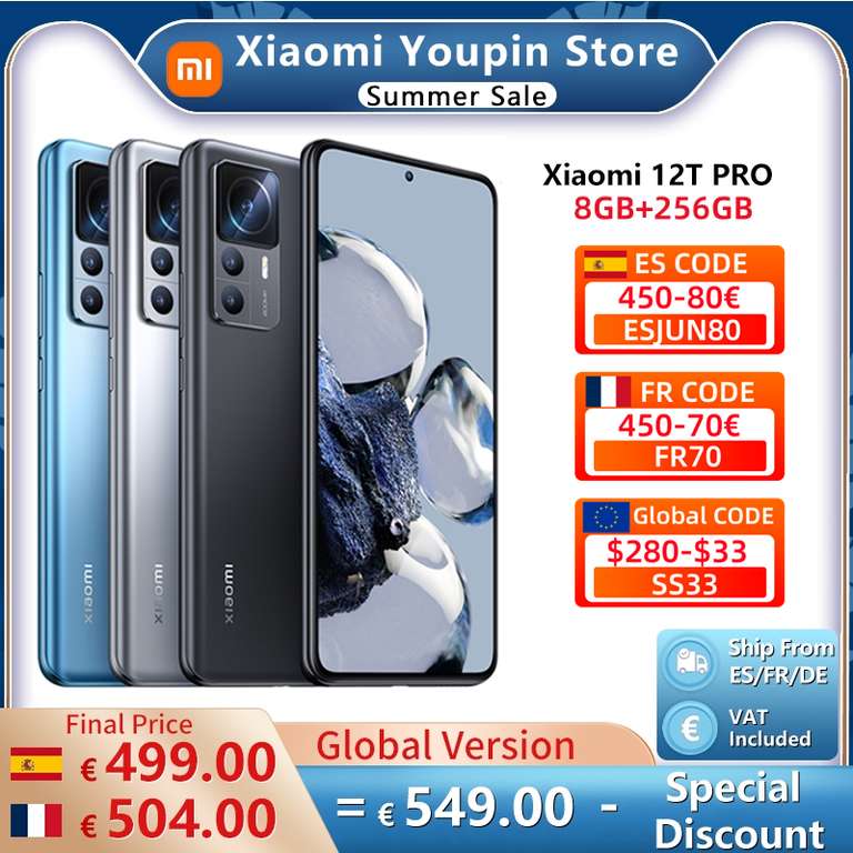 Xiaomi-Smartphone 12T Pro 5G versión Global, 8/12GB + 256GB, Snapdragon 8 + Gen 1, cámara de 200MP, pantalla de 120Hz, carga de 120W