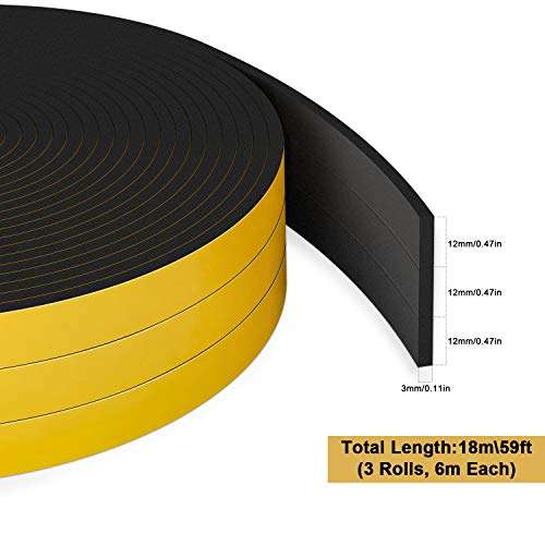 Tira de Sellado Junta 12 mm (W) * 3 mm (H) * 18 m (L) con Tijeras * 1, Tiras de Sellado Autoadhesivas, Aislamiento Acústico (Negro)