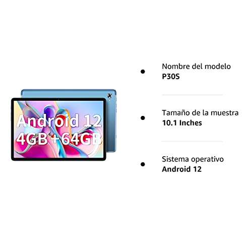 TECLAST P30S Tablet 10.1 Pulgadas Android 12, 2.0GHz, 4GB RAM+64GB ROM 1TB Expandible/Google GMS/5G WiFi/Bluetooth 5.0/GPS