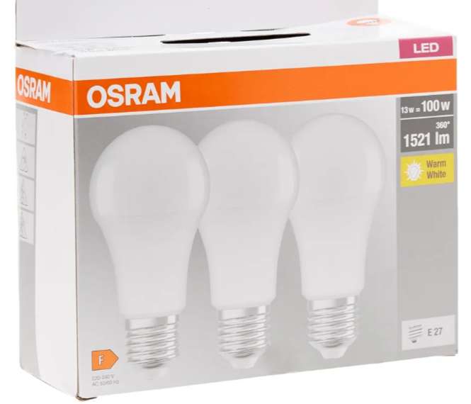 Pack 3 OSRAM a 2,20€/unidad blanca 13w=luminosidad antiguas bombillas de 100w