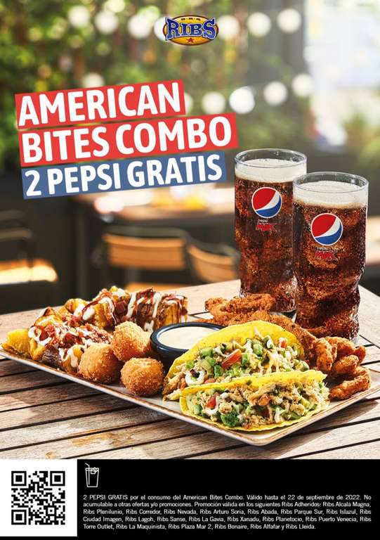 Dos Pepsis gratis en Ribs al pedir el American Bites Combo
