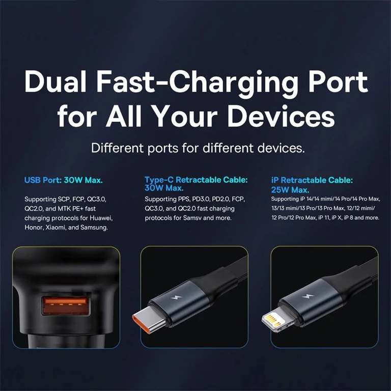Baseus-cargador de coche 2 en 1, Cable USB C para MacBook, Samsung, Xiaomi, iPhone, IP/tipo C, retráctil, 30W, 25W