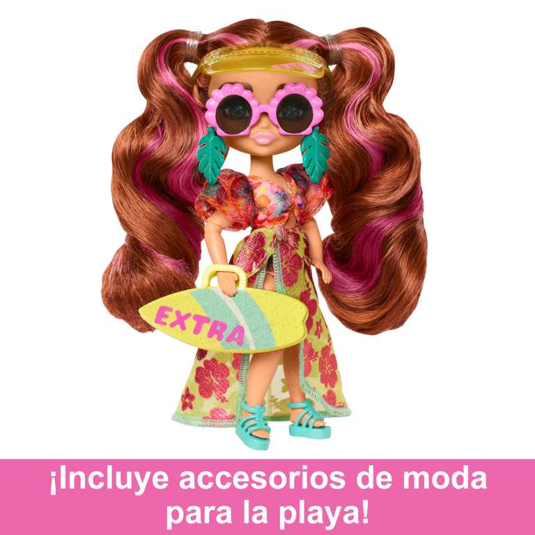 Barbie Extra Fly Mini Playa Muñeca pequeña Morena con Conjunto de Moda y Accesorios de Viaje, Juguete +3 años