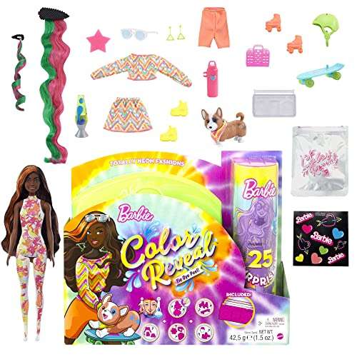 Barbie Color Reveal Set de regalo Serie Neon Tie-Dye Unicornio Muñeca que revela sus colores al pelar su capa teñida, con 25 accesorios.