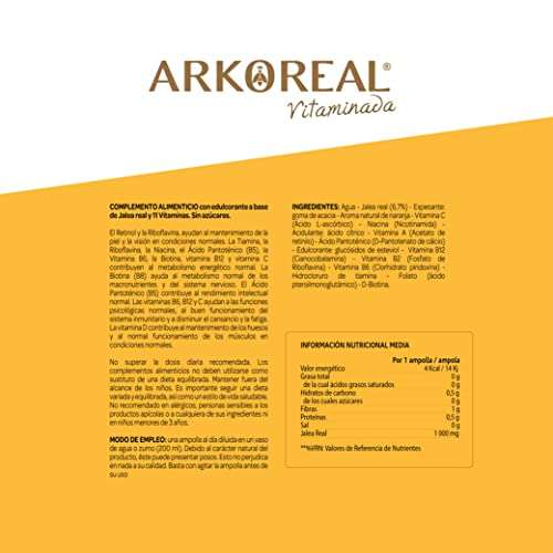 Arkopharma Arkoreal Jalea Real Vitaminada 1000mg Sin Azúcar 20 Ampollas, Refuerzo de Energía Defensas, Jalea Real, Complemento Alimenticio