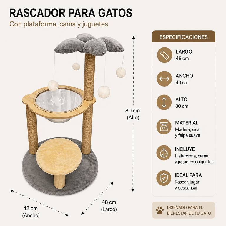 iPewwie – Rascador para gatos con cúpula acrílica y diseño de palmera 48x43x80cm Juguetes colgantes y poste de sisal Árbol para gatos