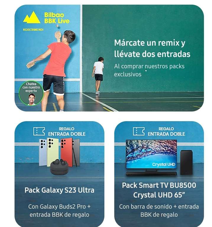 Packs Samsung s23 ultra 512 gb + Buds 2 PRO +Entrada doble para el Bilbao BBL LIVE (y otros packs)