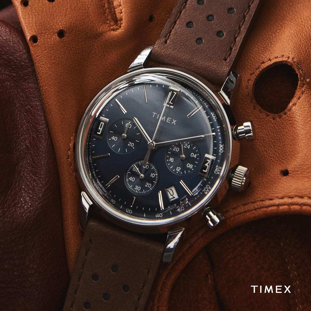 Timex Marlin Chronograph Tachymeter de 40 mm con esfera azul y correa de piel marrón