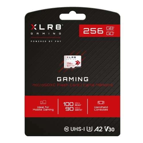PNY XLR8 Gaming 256GB Clase 10 U3 V30 A2 Tarjeta de memoria microSDXC, Velocidad de lectura de hasta 100 MB/s
