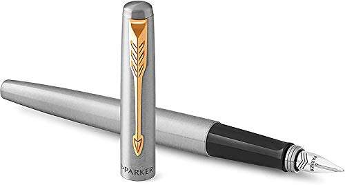 Parker Jotter - Pluma estilográfica, cuerpo de acero inoxidable con adorno dorado, plumín mediano y tinta azul, en estuche de regalo