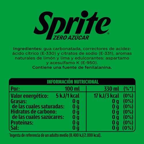 Pack 24 Sprite Sin Azúcar Refresco de Lima-Limón sin azúcar y sin calorías 330 ml